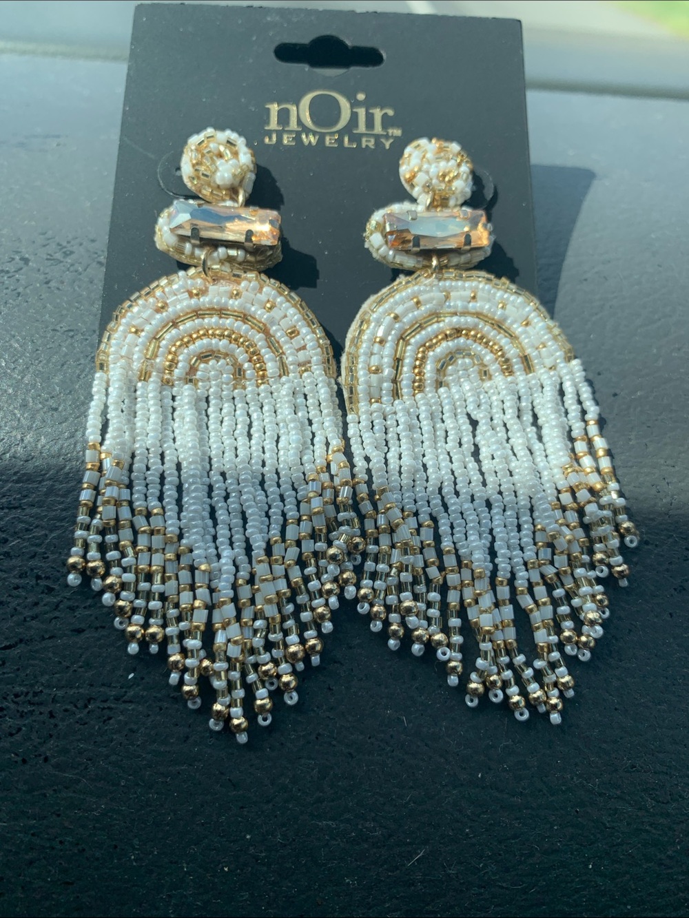nOir Jewelry White & Gold Beaded Fringe Dangle Earrings